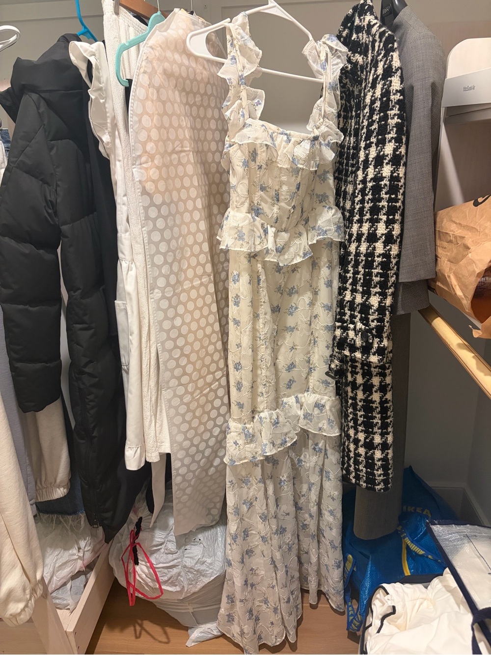 For Love & Lemons Cream Maxi Dress with Blue Floral Print